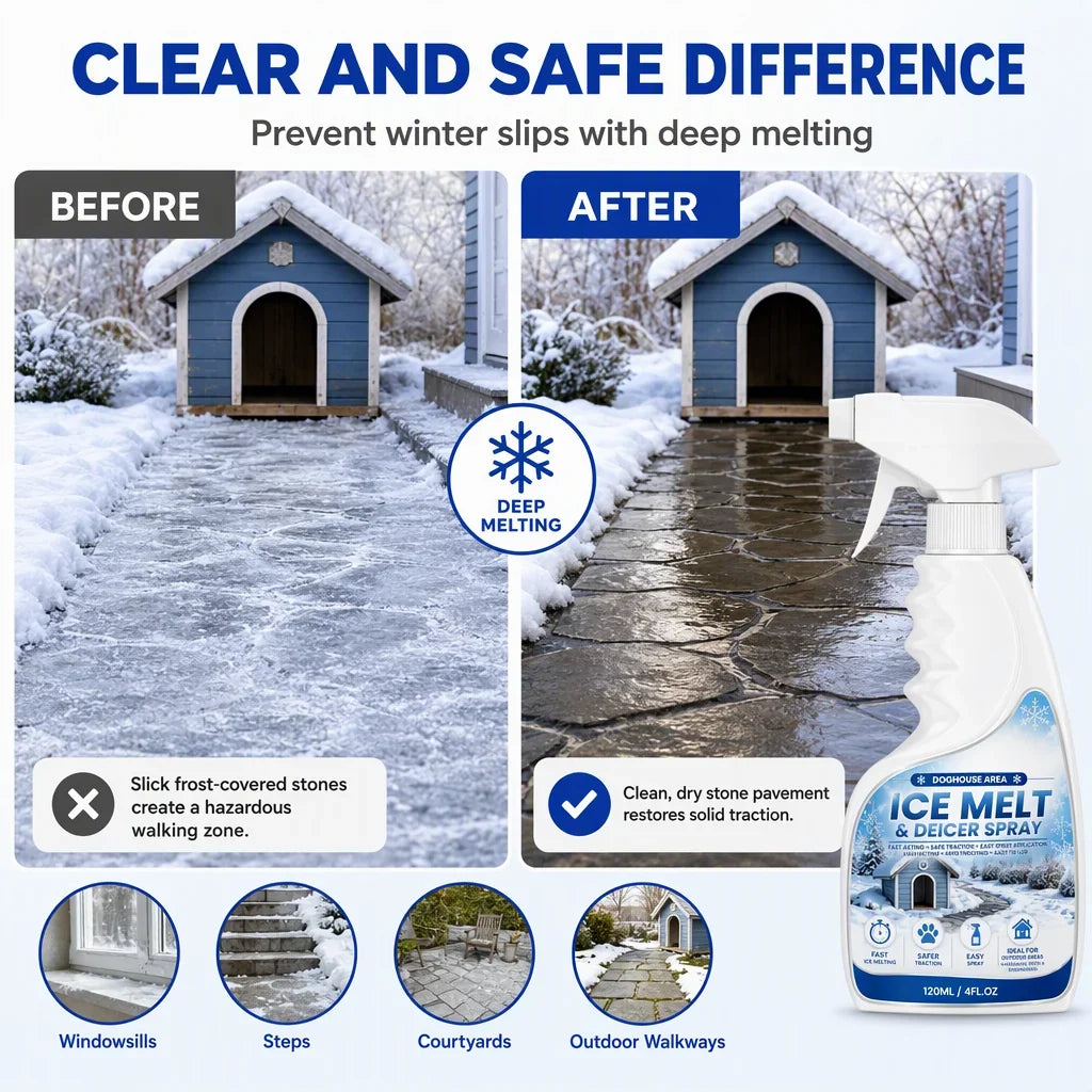Outdoor De-Icing & Snow Melting Spray – pet-safe, dissolves frost on contact. Clear steps, walkways & patios fast!